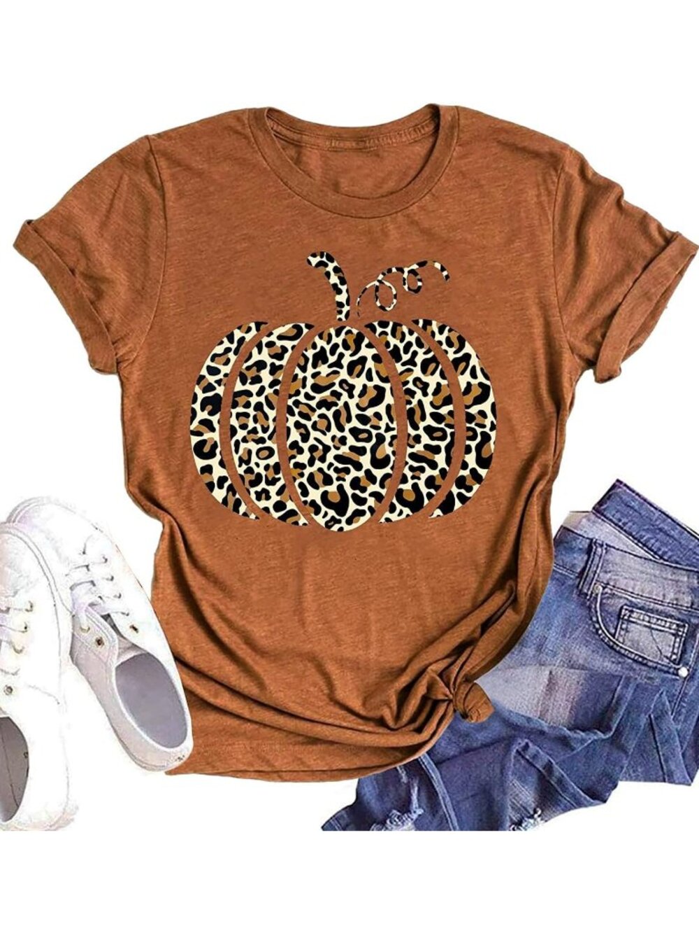🆕 Women's Orange Leopard Print Pumpkin Halloween Graphic Tee Short Sleeve Shirt